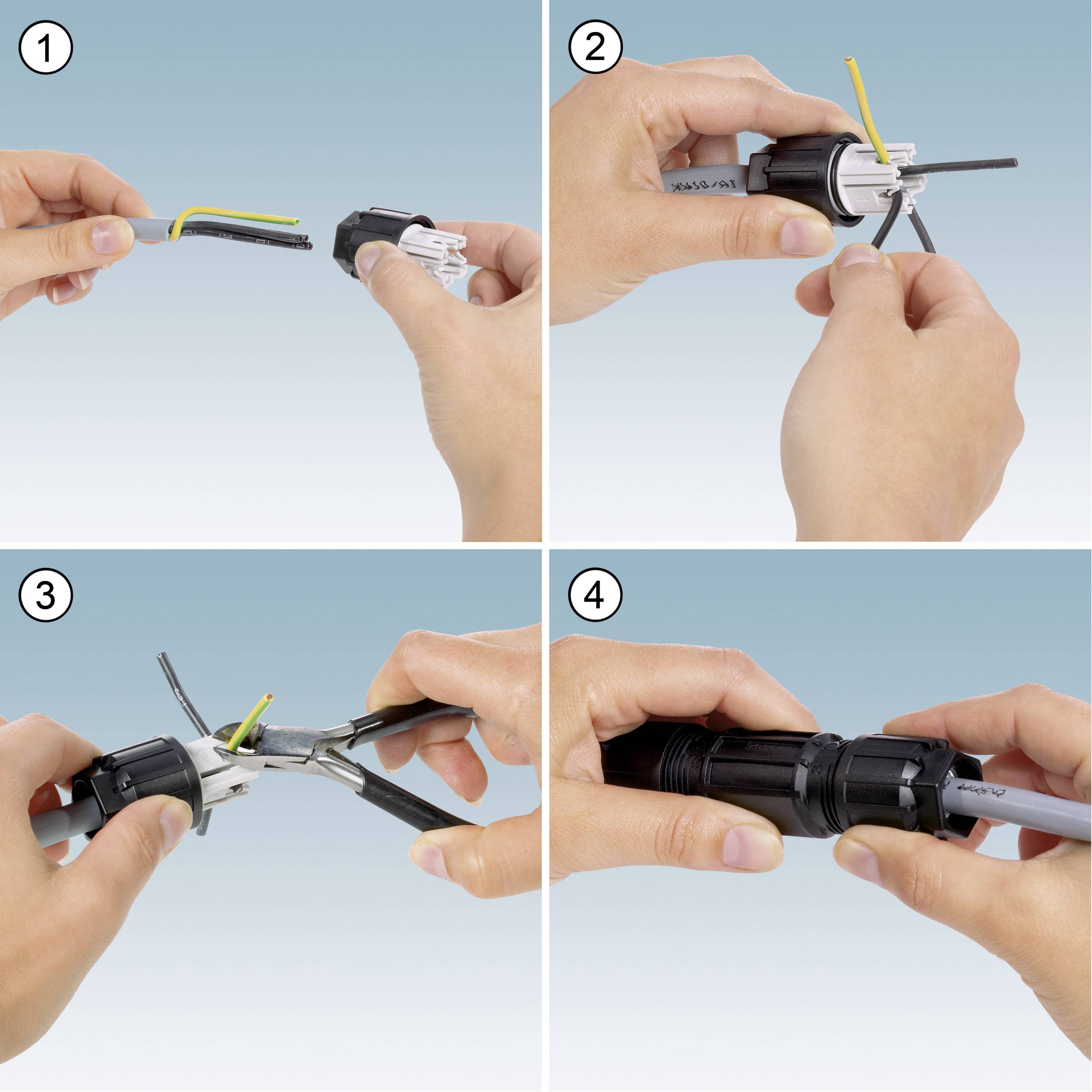 Anleitung zur Montage von Kabelverbindern: 1. Kabel abisolieren, 2. Steckverbinder öffnen, 3. Kabel einführen, 4. Steckverbinder schließen.