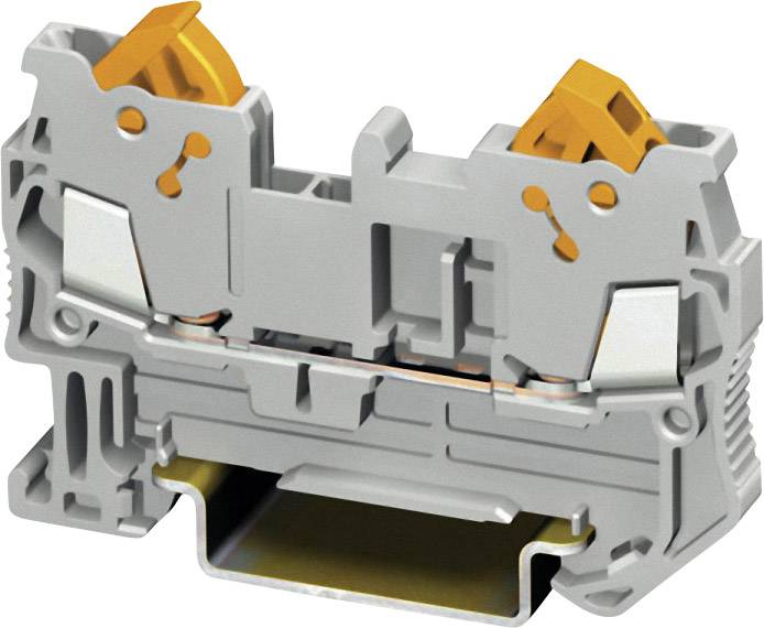 Grauer elektrischer Steckverbinder mit zwei orangefarbenen Hebeln. Wird für sichere Kabelverbindungen in elektrischen Schaltkästen verwendet.