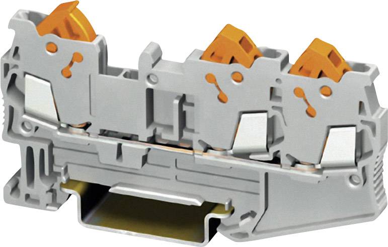 Grau-orangefarbene zweipolige Klemme mit Hebelmechanismus für elektrische Verbindungen.