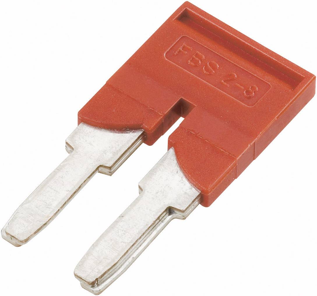Das Bild zeigt einen roten Trennkamm mit der Aufschrift 'FBS 2-3', verwendet für die elektrische Verbindung von Komponenten in Klemmenleisten.