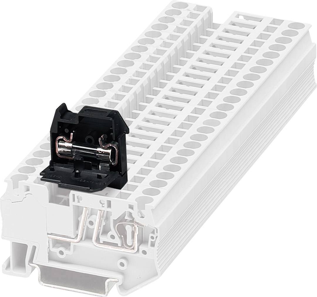 Ein weißer Sicherungsträger mit Einschubfach für Sicherungen, auf einer transparenten elektrischen Anschlussklemme montiert.
