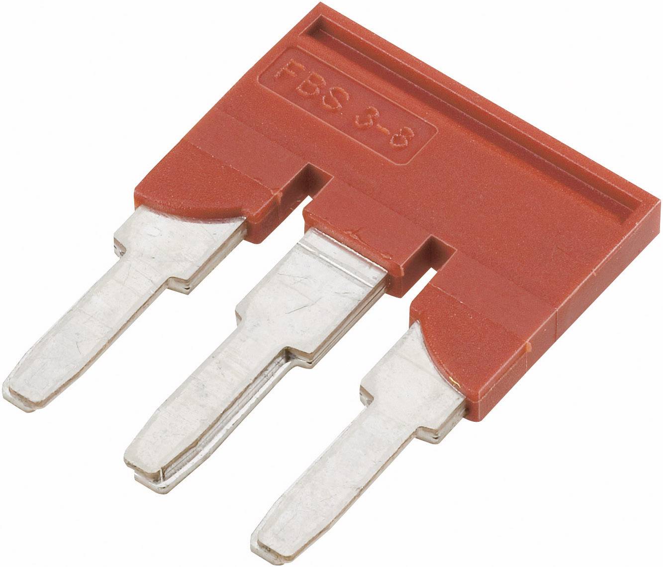 Dreipoliger Brückenkamm, rot, mit silbernen Metallkontakten, geeignet für elektrische Schalteinheiten.