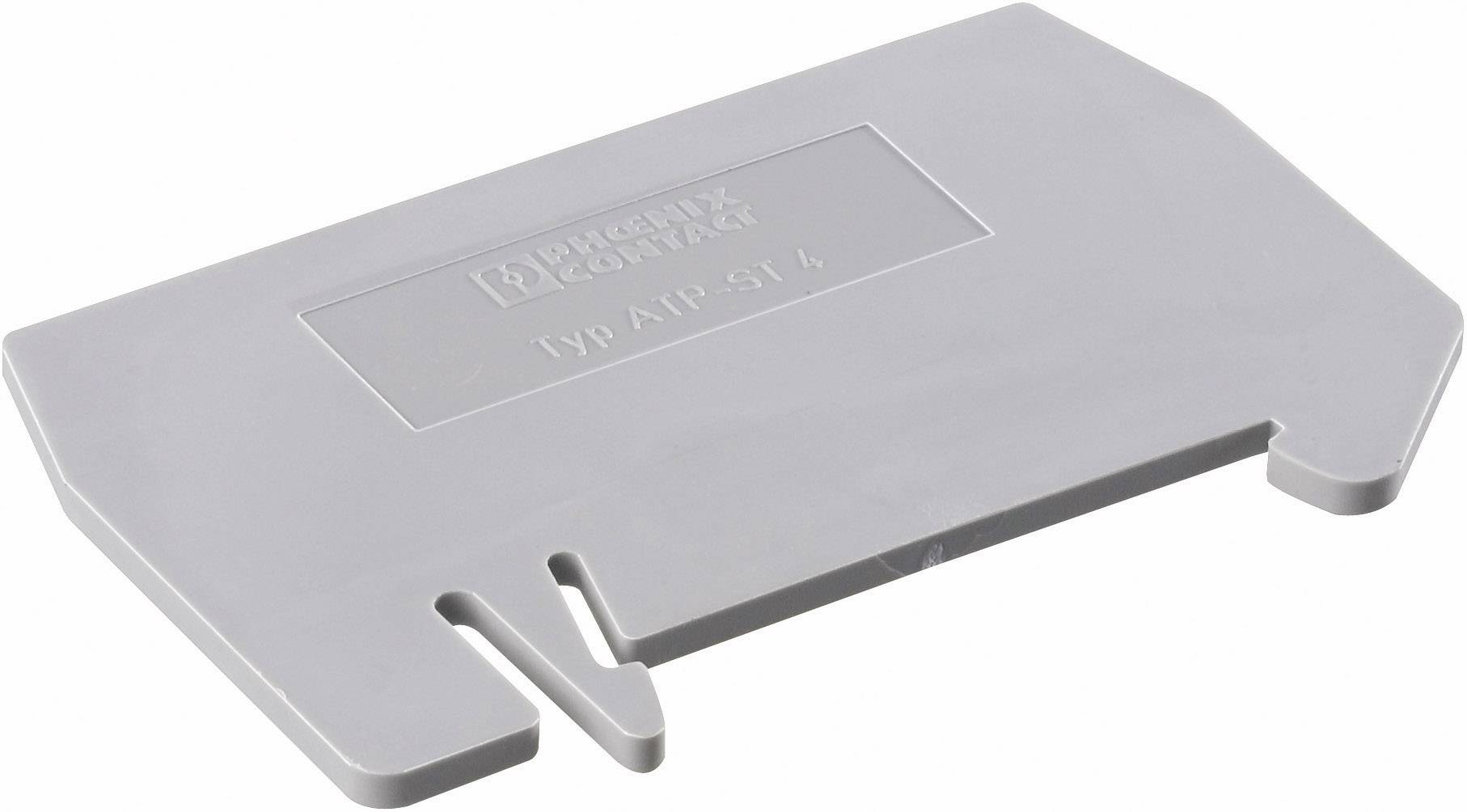 Graue Abschlussplatte mit der Aufschrift 'Phoenix Contact Typ ATP-ST-L', verwendet zur elektrischen Isolierung in Schaltschränken.