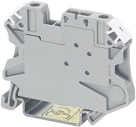 Ein grauer Klemmenblock mit weißem Aufsatz und Metallfuß, verwendet zur sicheren elektrischen Verbindung auf einer Hutschiene.