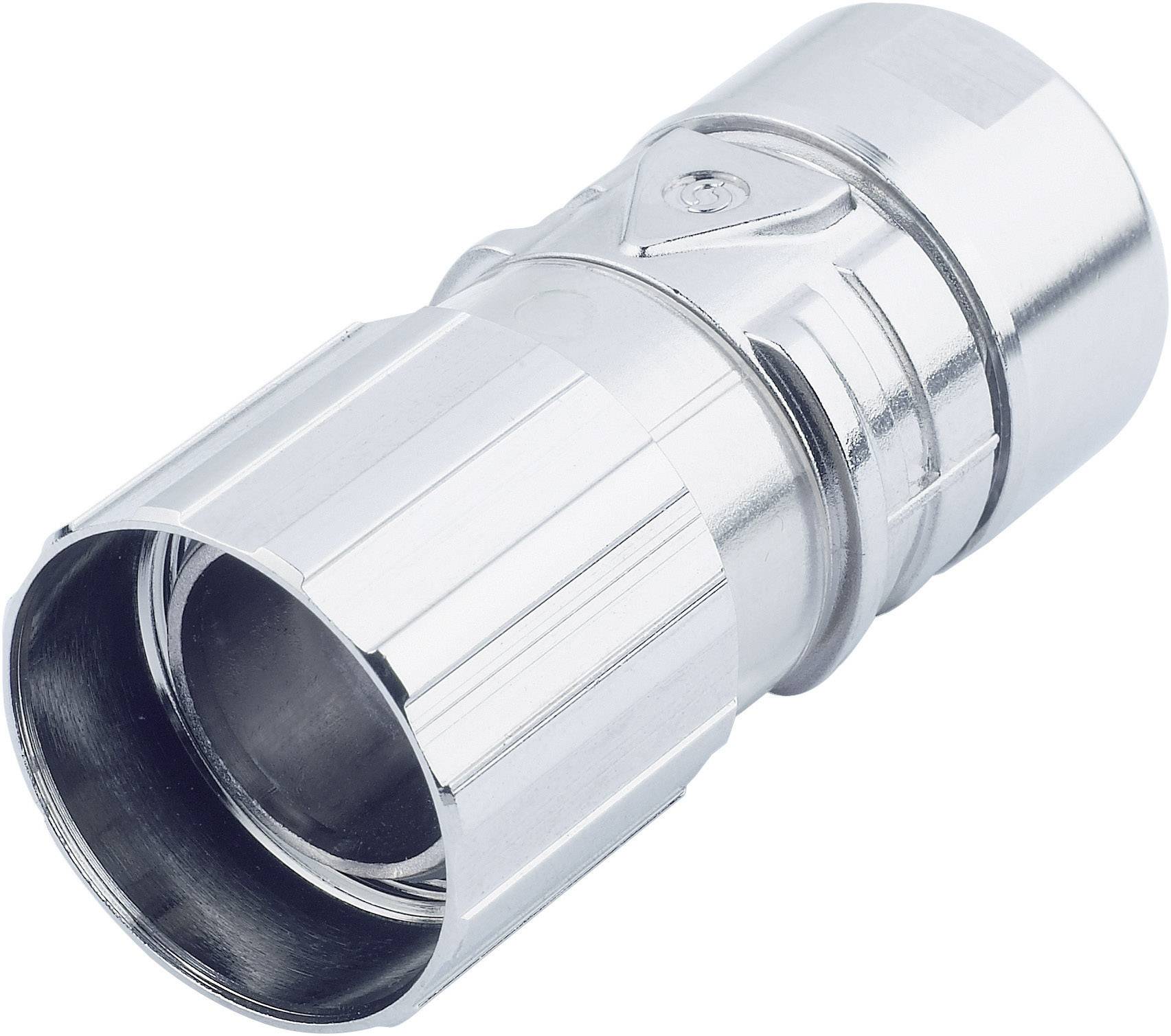 Ein silberner F-Stecker, ein Anschlussstück für Koaxialkabel, genutzt in der Satelliten- und Fernsehtechnik.