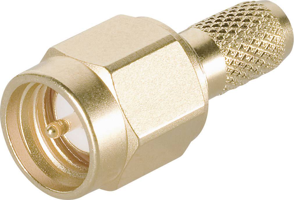 Ein goldfarbener Koaxialstecker mit geriffeltem Griff und Gewinde, verwendet für den Anschluss von Kabeln an elektronische Geräte.