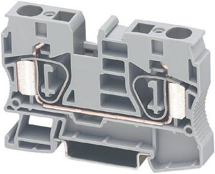 Ein grauer elektrischer Klemmenblock mit seitlichen Öffnungen und Metallelementen zur Befestigung von Drähten.