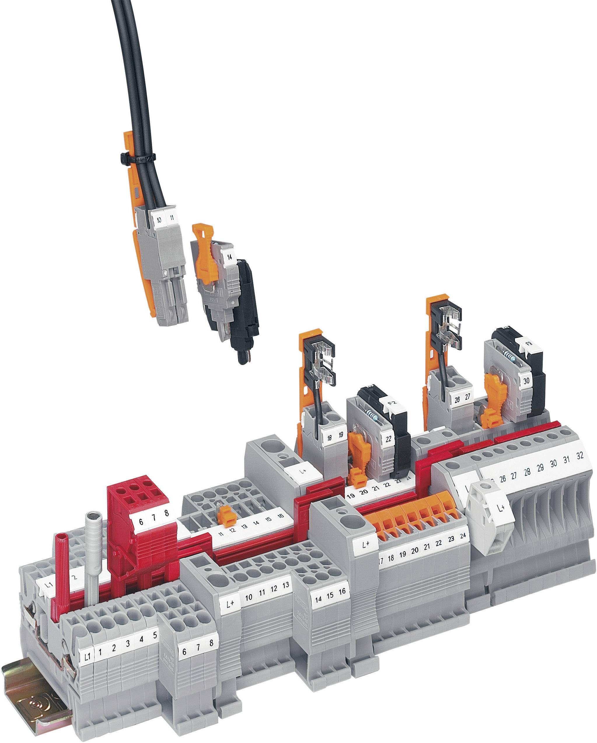 Eine Montageeinheit mit Steckverbindern und farbcodierten Elementen zeigt einen verbauten elektrischen Schaltkreis in einem Schaltschrank.
