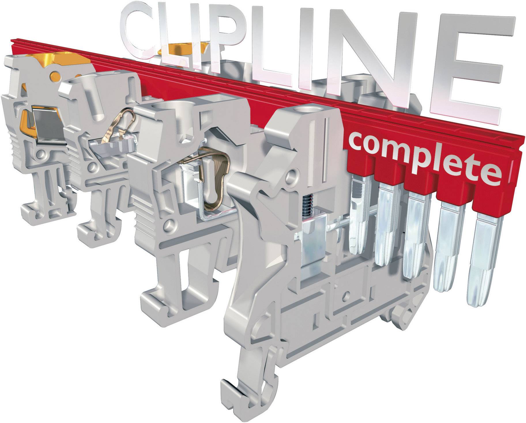 Stromverteilungsklemme mit dem Text 'CLIPLINE complete' oben, zeigt Komponenten zur elektrischen Verbindung in einem Schaltsystem.