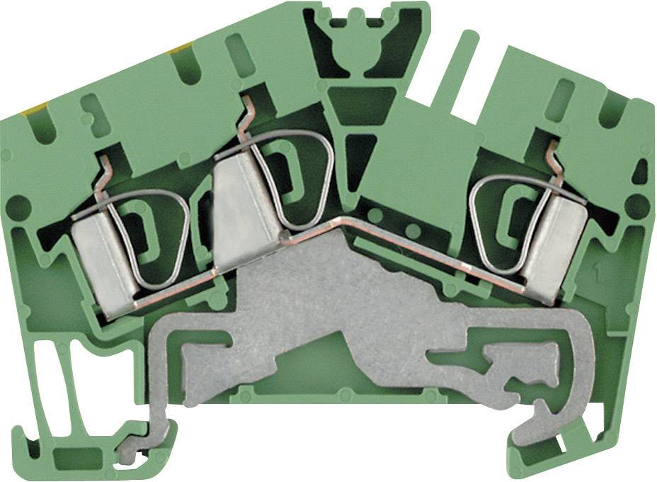 Schnittansicht eines grünen Klemmenblocks mit metallischen Kontakten und Halterungen zur elektrischen Verbindung.