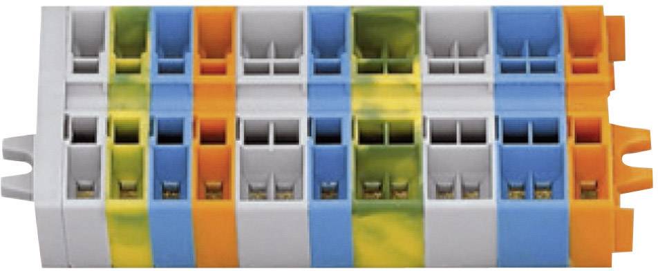 Klemme mit mehreren farbigen Anschlüssen in Blau, Gelb und Orange, geeignet für den elektrischen Einsatz in Verteilersystemen.