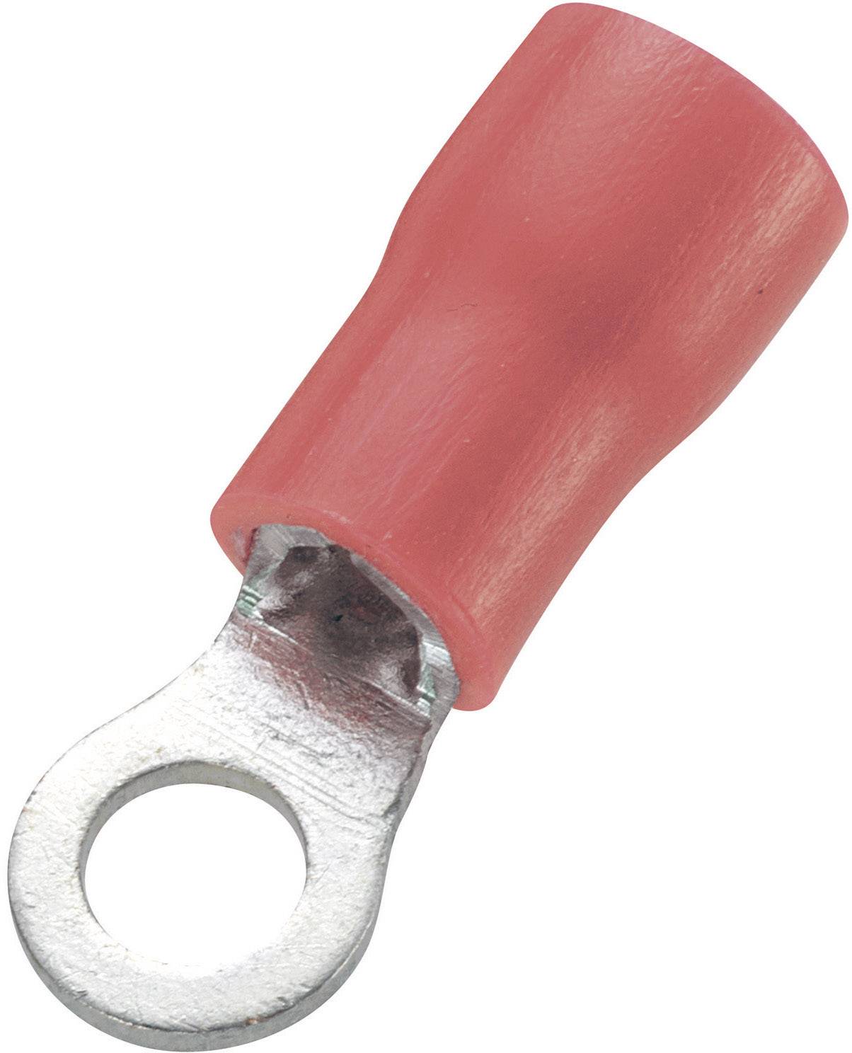 Ein roter Kabelschuh mit einem Metallring zur Befestigung an elektrischen Verbindungen.