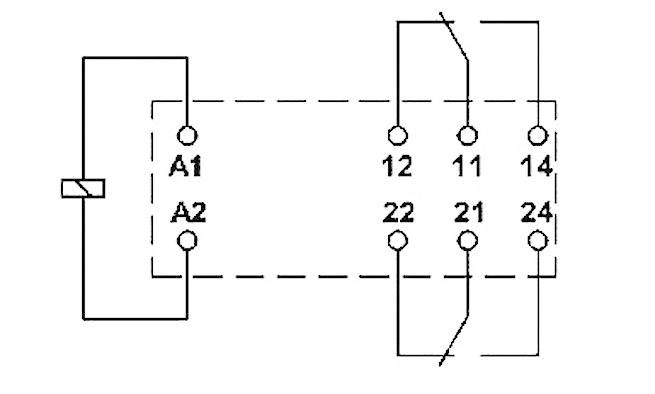 Schaltplan eines Relais mit zwei Spulen A1 und A2, verbunden mit Schaltkontakten 11, 12, 14, 21, 22, 24.