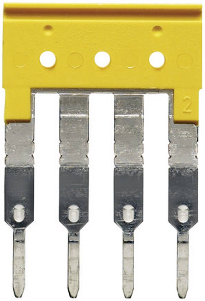 Gelber Sicherungsstecker mit vier silbernen Metallklemmen, die unten herausragen. Oben sind drei Löcher sichtbar.