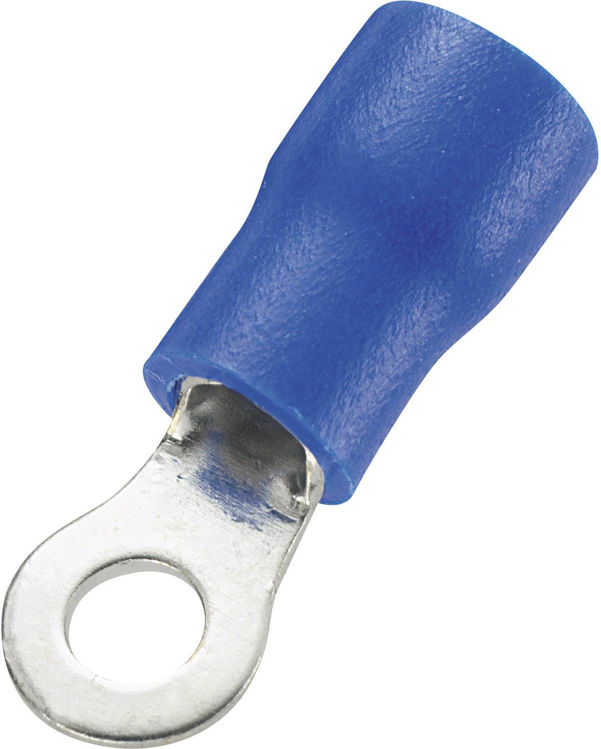 Ein blauer Kabelschuh aus Metall und Kunststoff, mit einem Ösenanschluss zur sicheren Verdrahtung und Verbindung elektrischer Kabel.