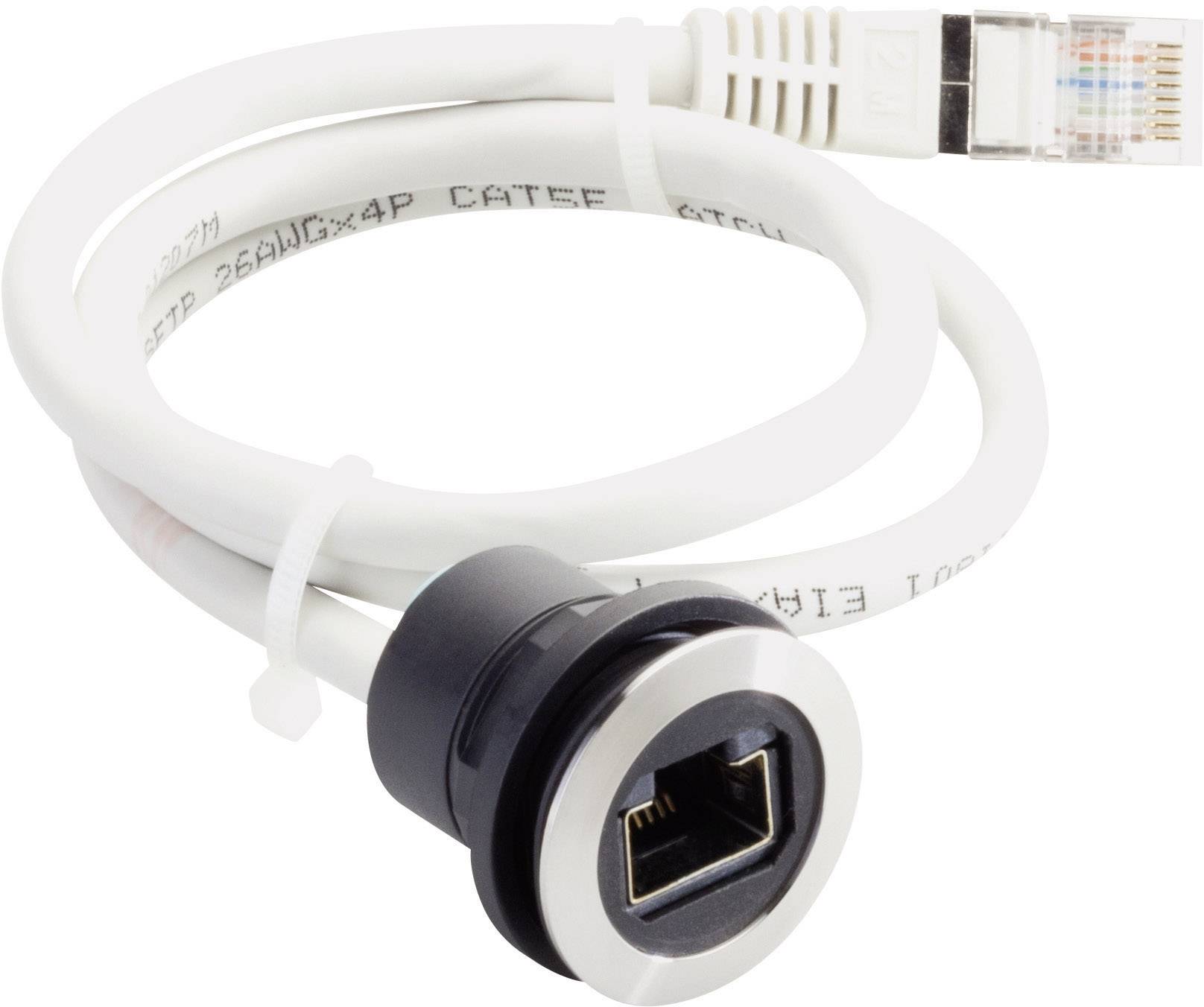 Ein Ethernet-Kabel mit RJ45-Stecker und einer Sicherungsschraube.