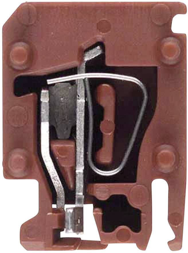 Ein kleiner, rechteckiger, rotbrauner elektronischer Schalter mit sichtbaren Metallteilen und Kunststoffrahmen, seitliche Ansicht.