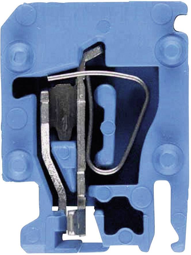 Ein Querschnitt eines blauen elektrischen Schalters, zeigt innere Komponenten wie Metallkontakte und einen Draht zur Stromleitung.