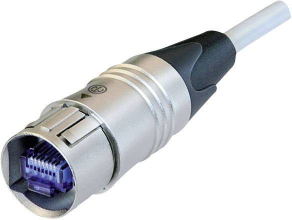 Ein silberner RJ45-Stecker mit schwarzer Kabelumhüllung, geeignet für LAN-Verbindungen.