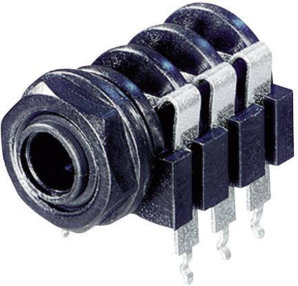 Eine schwarze, zylindrische Buchse mit Gewinde und vier Lötpins, die zur Verbindung von elektronischen Geräten genutzt wird.