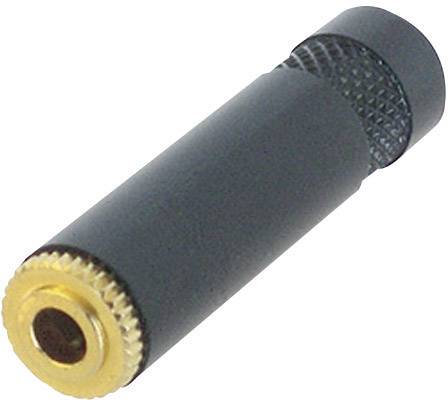 Ein schwarzer Audioadapter mit goldenen Anschlüssen, für die Verbindung von Geräten mit unterschiedlichen Steckerformaten.