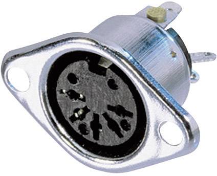 Runder elektrischer Anschluss mit fünf Metallstiften, in einem kreisförmigen Muster angeordnet, in einer silbernen Fassung montiert.