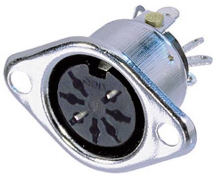 Ein silberner DIN-Stecker mit sieben Stiften, häufig für Audio- oder MIDI-Verbindungen verwendet.