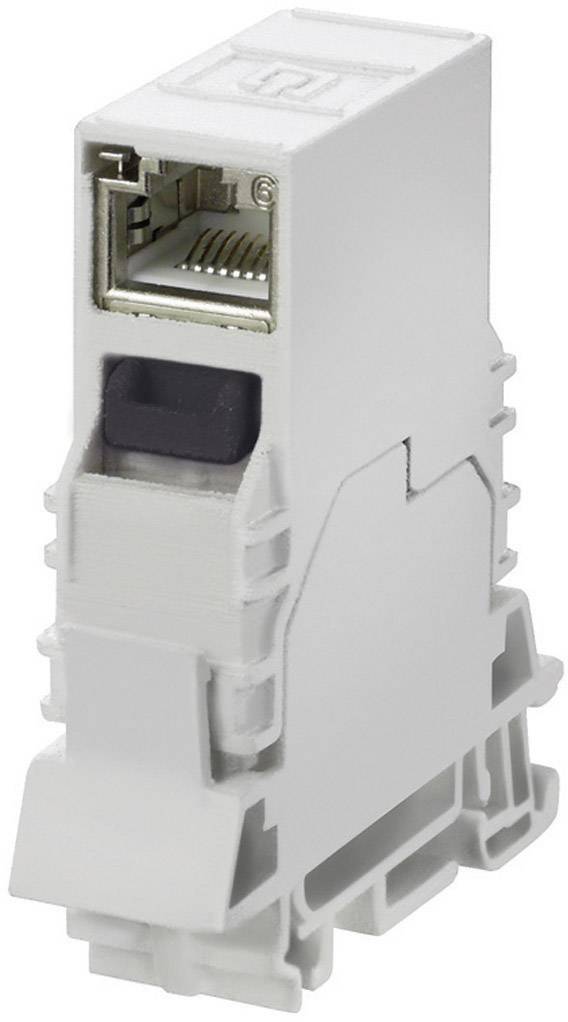 Ein weißes, modular montiertes Ethernet-Modul mit RJ45-Anschluss, geeignet für die Hutschieneninstallation in einem Schaltschrank.