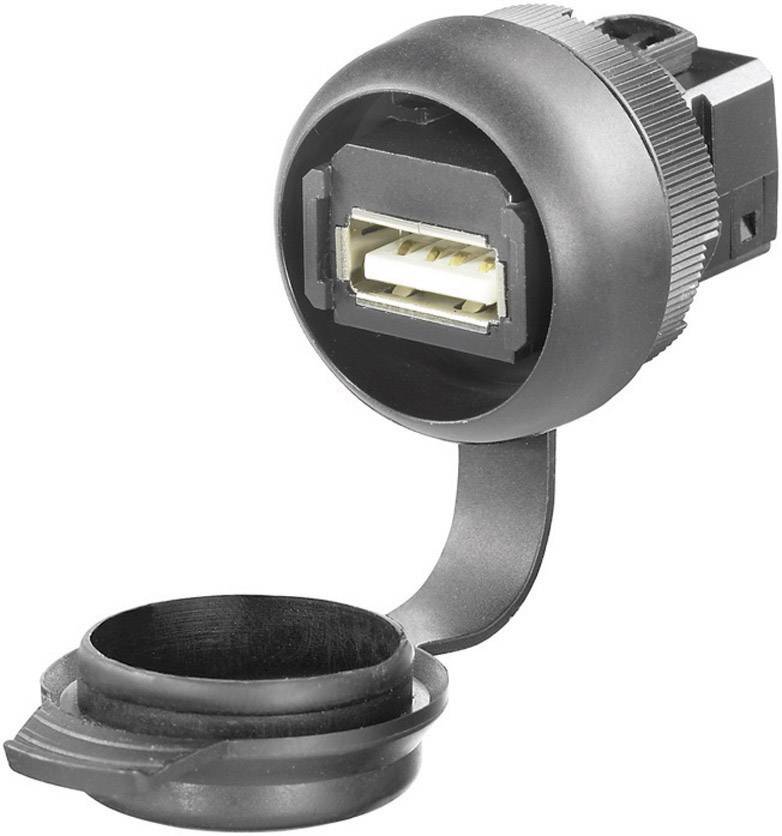 USB-Buchse mit Schutzkappe, geöffnet, zeigt die Innenstruktur für sichere Verbindung.