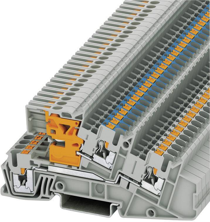 Mehrschichtige Klemmsysteme in Grautönen mit blauen und orangefarbenen Elementen, die elektrische Verbindungen erleichtern.