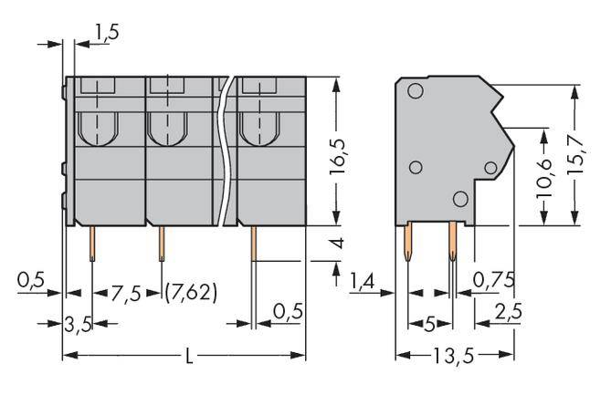 WAGO 254-553 Federkraftklemmblock 1.50 mm² Polzahl 3 Grau 200 St.