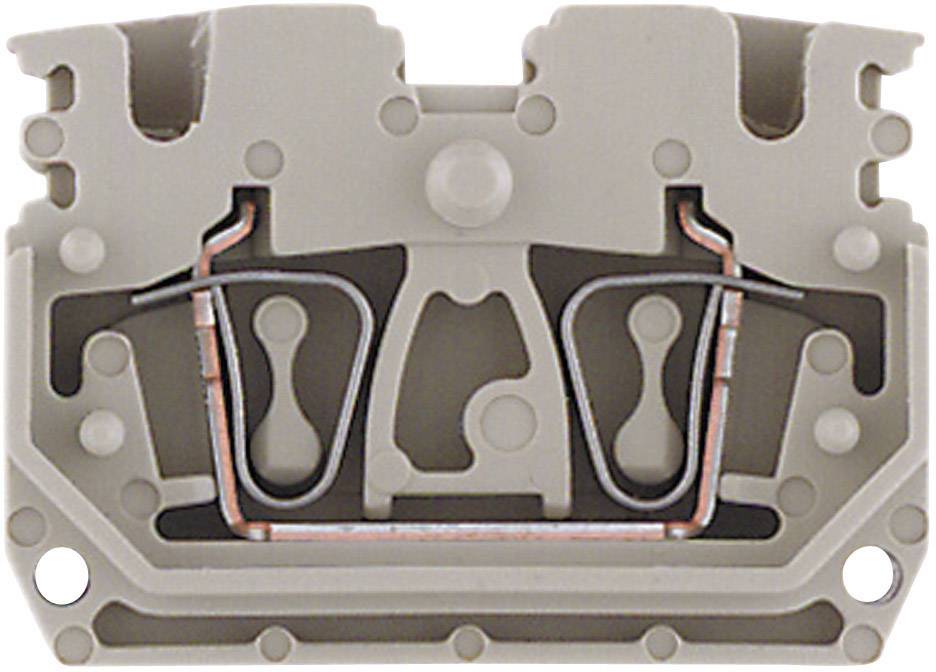 Elektrischer Steckverbinder mit Klemmen und Abschirmung, zentrales Verriegelungselement. Braungraues Gehäuse.