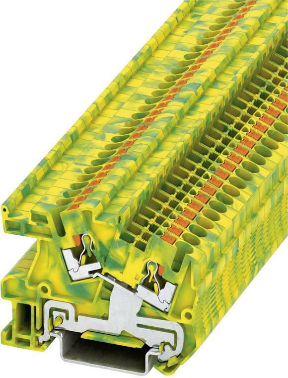 Ein gelb-grüner Reihenklemmenblock mit Metallkontakten, geeignet für industrielle elektrische Verbindungen und Verkabelung.