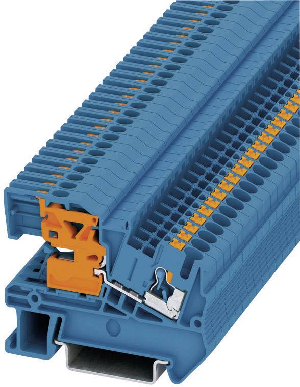 Ein blauer elektrischer Steckverbinder mit orangenen Markierungen. Verwendet für die Montage in Schaltschränken zur Stromverteilung.