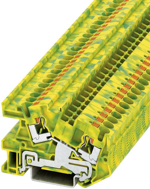 Reihenklemme in gelb-grüner Farbe, mit metallischen Anschlüssen und markanten roten Details, zeigt eine seitliche Perspektive.
