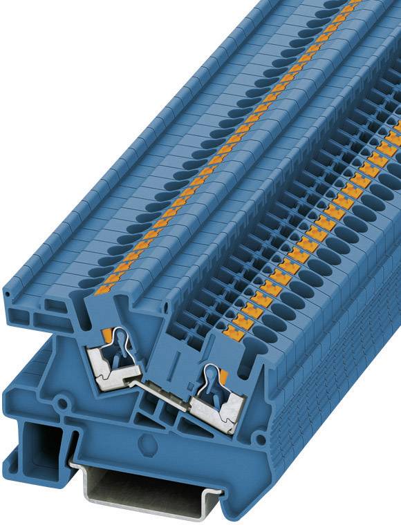 Klemmleiste in Blau mit mehreren Verbindungspunkten und orangefarbenen Elementen, geeignet für elektrische Verdrahtungssysteme.