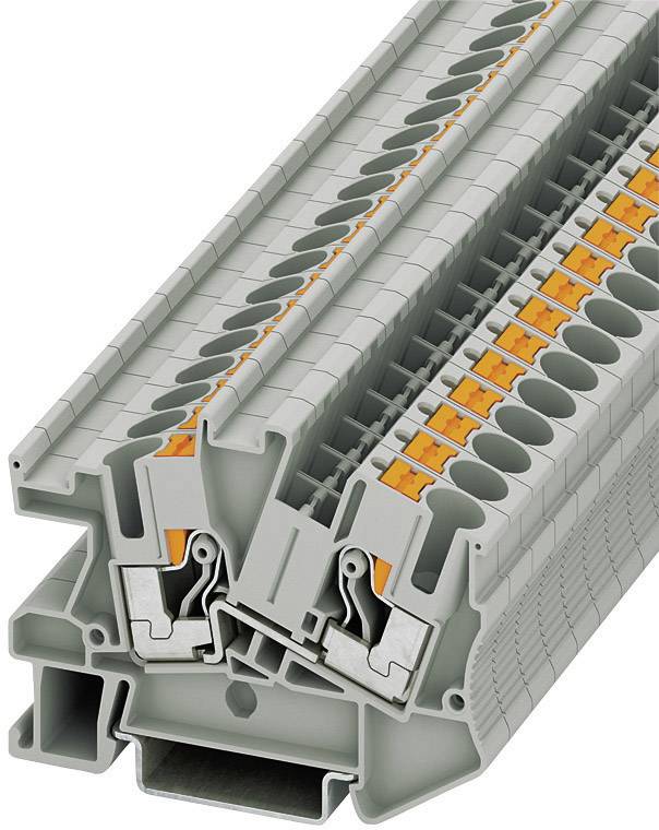 Eine graue Klemme mit orangenen Hebeln, geeignet für die elektrische Verbindung mehrerer Kabel, gezeigt in einer perspektivischen Ansicht.