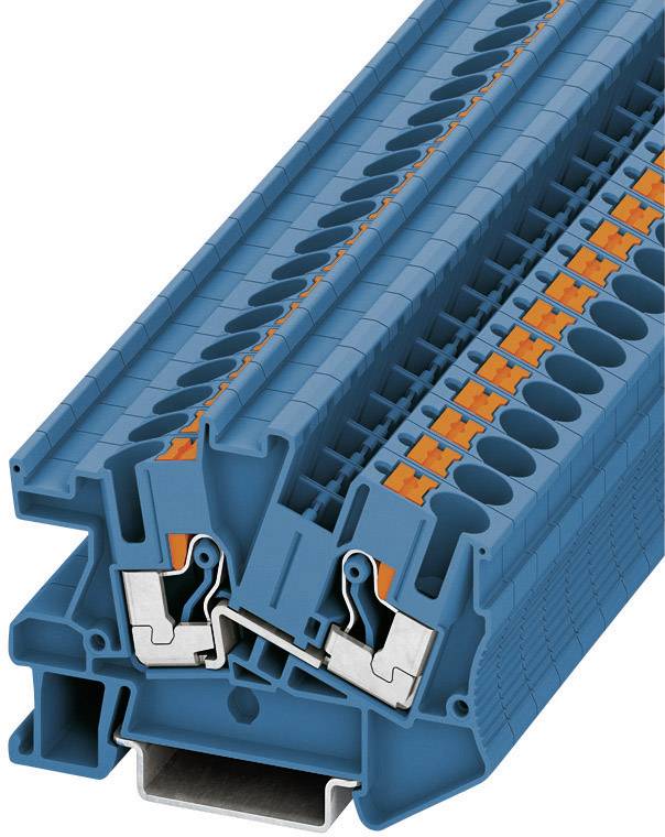 Ein blauer, modularer Reihenklemmenblock mit orangefarbenen Elementen, zur elektrischen Verbindung und Verdrahtung in Schaltschränken.