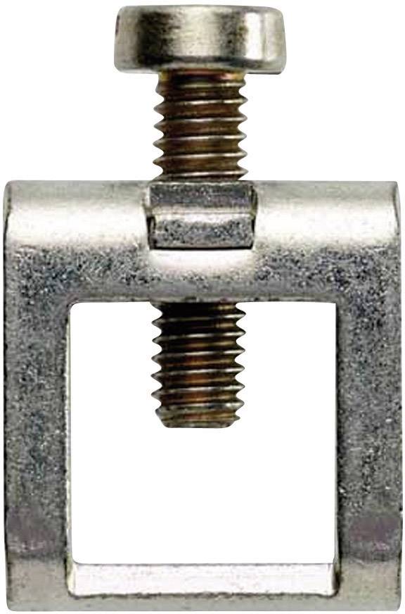 Metallschelle mit Schraube, bereit zum Befestigen von Materialien. Quadratische Form mit zentraler Schraube oben.