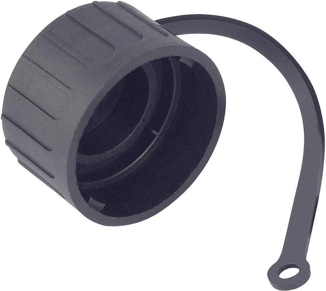 Schwarzer, geriffelter Schraubdeckel mit angefügtem Sicherungsband.