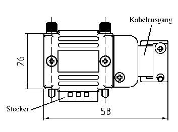 Technische Zeichnung eines Steckers mit Maßen: Höhe 26 mm, Breite 58 mm. Kabelausgang oben rechts. Schrauben sichtbar.