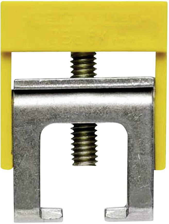Ein Metallklemmenbefestiger mit einem gelben Kunststoffkopf und einer Schraube in der Mitte zur Befestigung von Kabeln oder Leitungen.