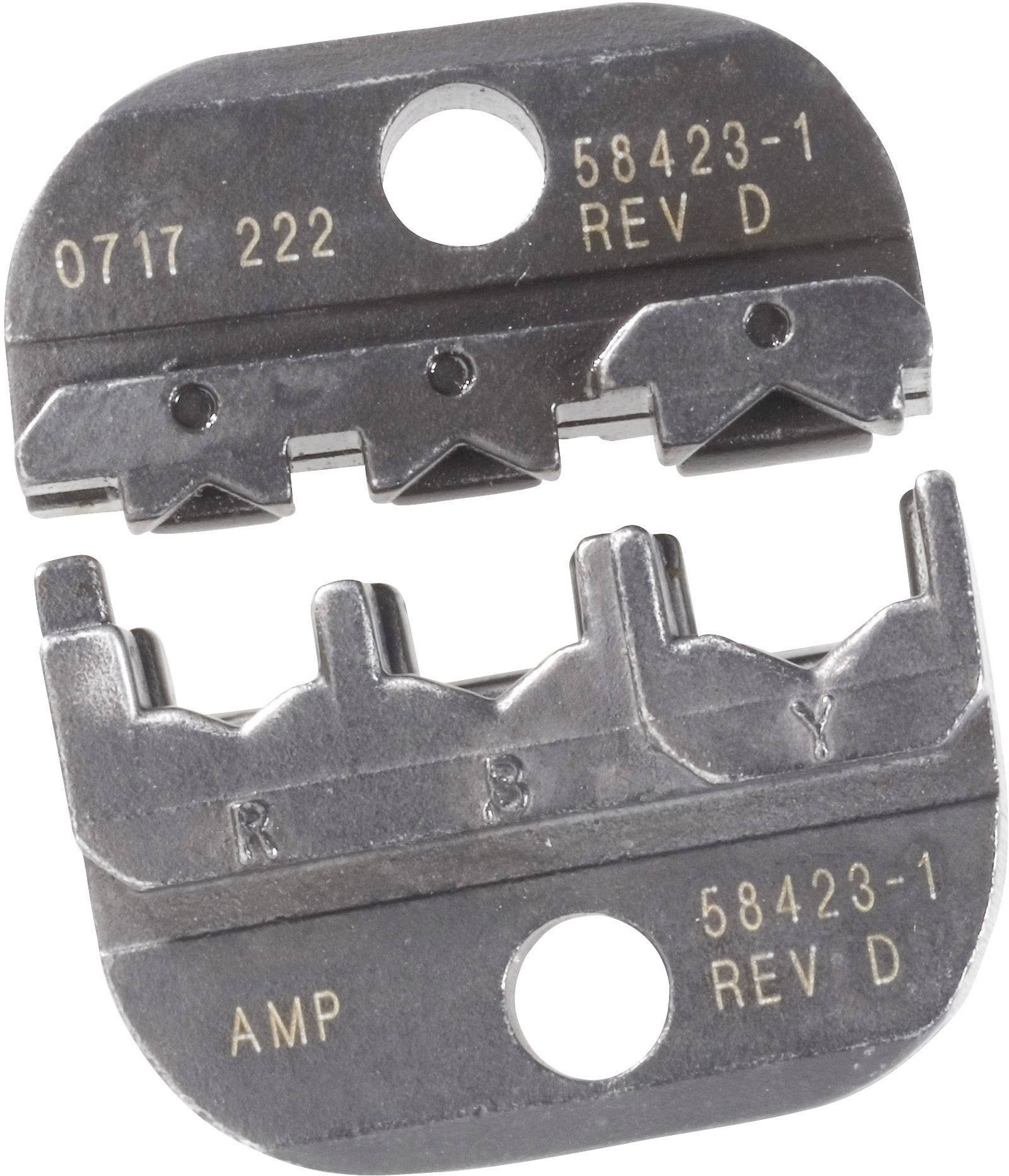 Zwei Metallcrimpzangen-Einsätze nebeneinander, mit der Aufschrift 'AMP 58423-1 REV D'.