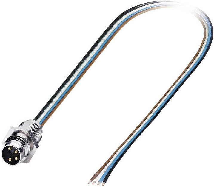 Ein vieradriges Kabel mit M8-Stecker auf einer Seite. Die Adern sind braun, weiß, blau und schwarz. Der Stecker ist metallisch.