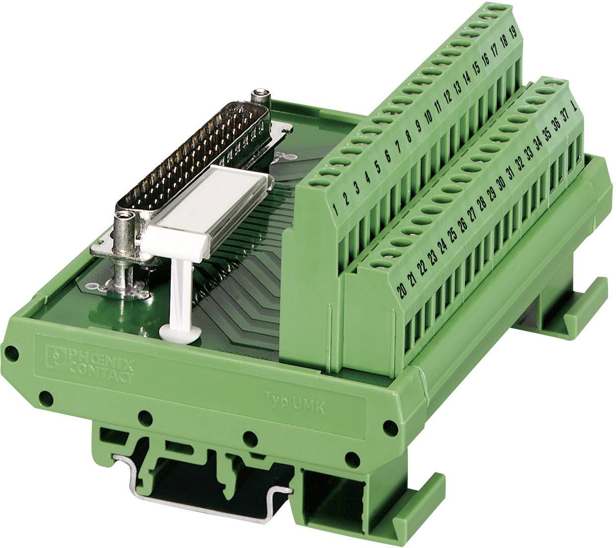 Grünes elektrisches Anschlussmodul mit nummerierten Klemmen und DB-25-Steckverbinder, für die Verbindung von Schaltungen.