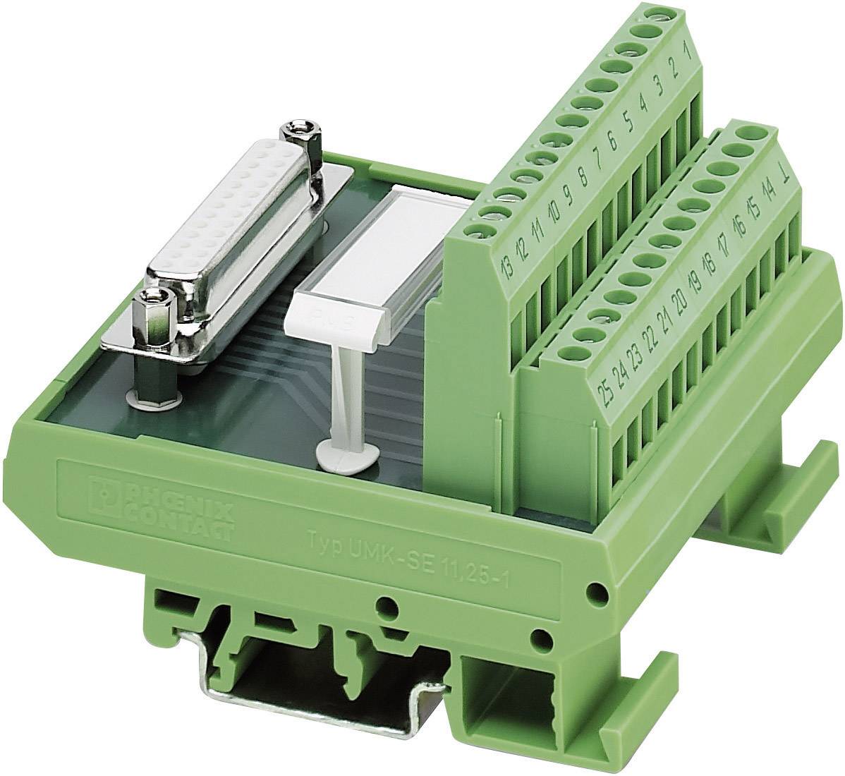 Ein grüner elektrischer Anschlussblock mit mehreren Steckplätzen und Kontakten, zur Verbindung verschiedener elektrischer Leitungen.