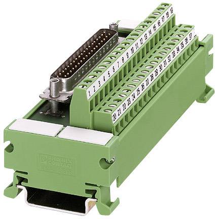 Ein grüner elektrischer Anschlussblock mit nummerierten Klemmen von 1 bis 37, verwendet zur Verbindung elektronischer Komponenten.