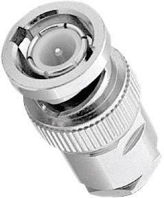 Ein silberner BNC-Stecker, oft verwendet für Koaxialkabel in elektronischen Geräten und Netzwerken, mit Metallverriegelungsmechanismus.