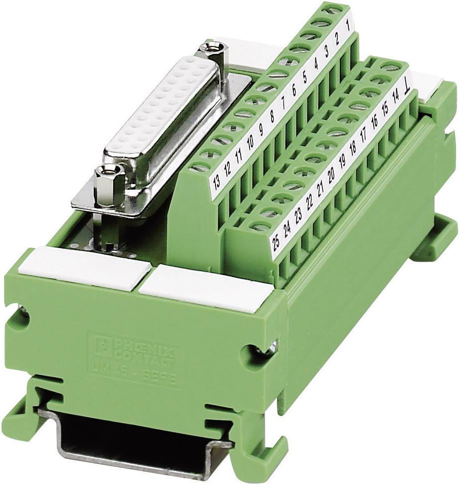 Grüner Anschlussblock mit nummerierten Klemmen und metallischem Stecker oben, vermutlich zur Befestigung von Kabeln in elektronischen Geräten.