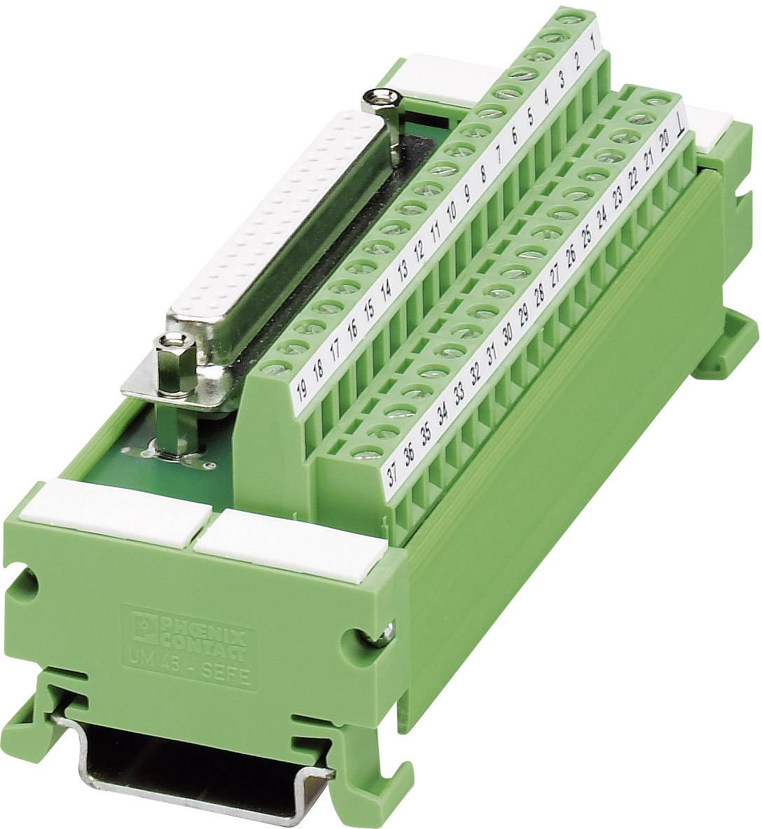 Grüner elektronischer Steckverbinder auf einer Hutschiene, mit nummerierten Kabelanschlüssen.